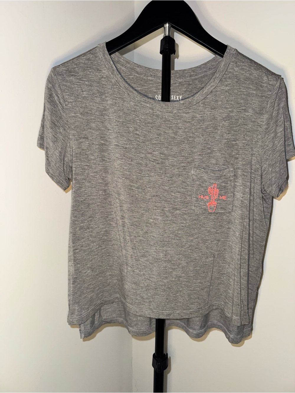 American Eagle Outfitters Gray Cropped Pocket Tee with Pink Accent